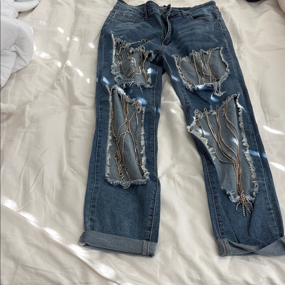 Fashion Nova Distressed Chain-Embellished Jeans